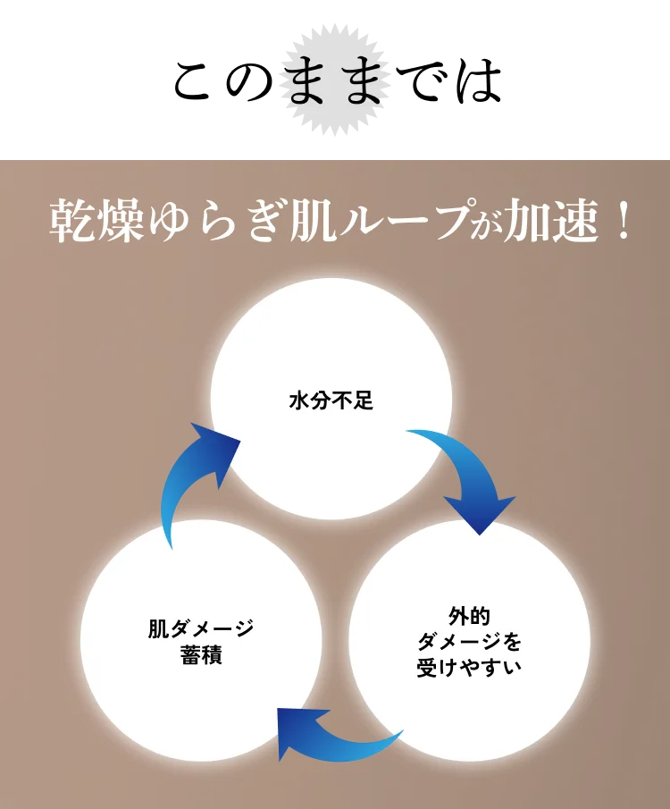 このままでは乾燥ゆらぎ肌ループが加速！ 水分不足→外的ダメージを受けやすい→肌ダメージ蓄積