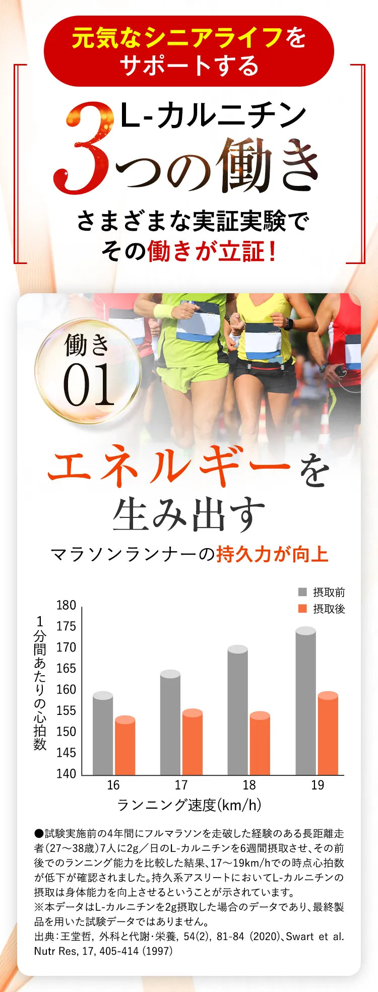 元気なシニアライフをサポートするL-カルニチン3つの働き さまざまな実証実験でその働きが立証！ 働き01 エネルギーを生み出す マラソンランナーの持久力が向上 ●試験実施前の4年間にフルマラソンを走破した経験のある長距離走者（27～38歳）7人に2g/日のL-カルニチンを6週間摂取させ、その前後でのランニング能力を比較した結果、17～19km/hでの時点心拍数が低下が確認されました。持久系アスリートにおいてL-カルニチンの接種は身体能力を向上させるということが示されています。※本データはL-カルニチンを2g接種した場合のデータであり、最終製品を用いた試験データではありません。出典：王堂哲,外科と代謝・栄養, 54(2), 81-84(2020)、Swart et al, Nutr Res, 17, 405-414(1997)