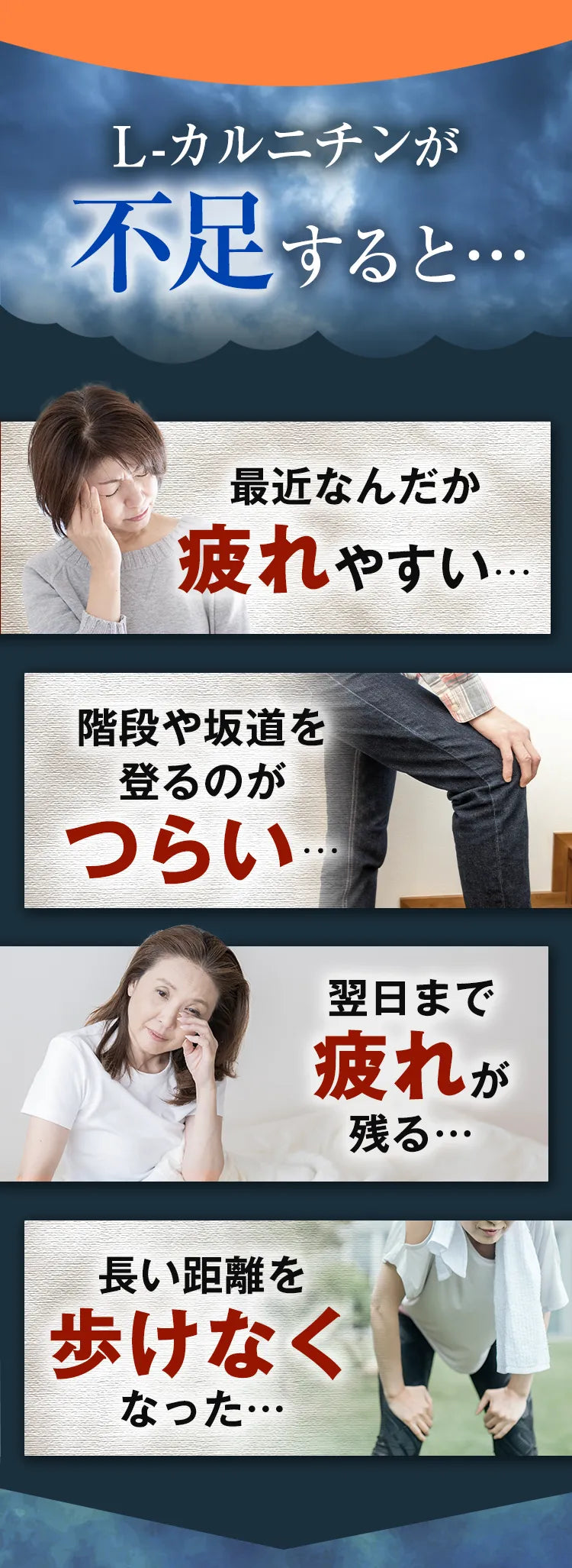L-カルニチンが不足すると… 最近なんだか疲れやすい… 階段や坂道を登るのがつらい… 翌日まで疲れが残る… 長い距離を歩けなくなった…