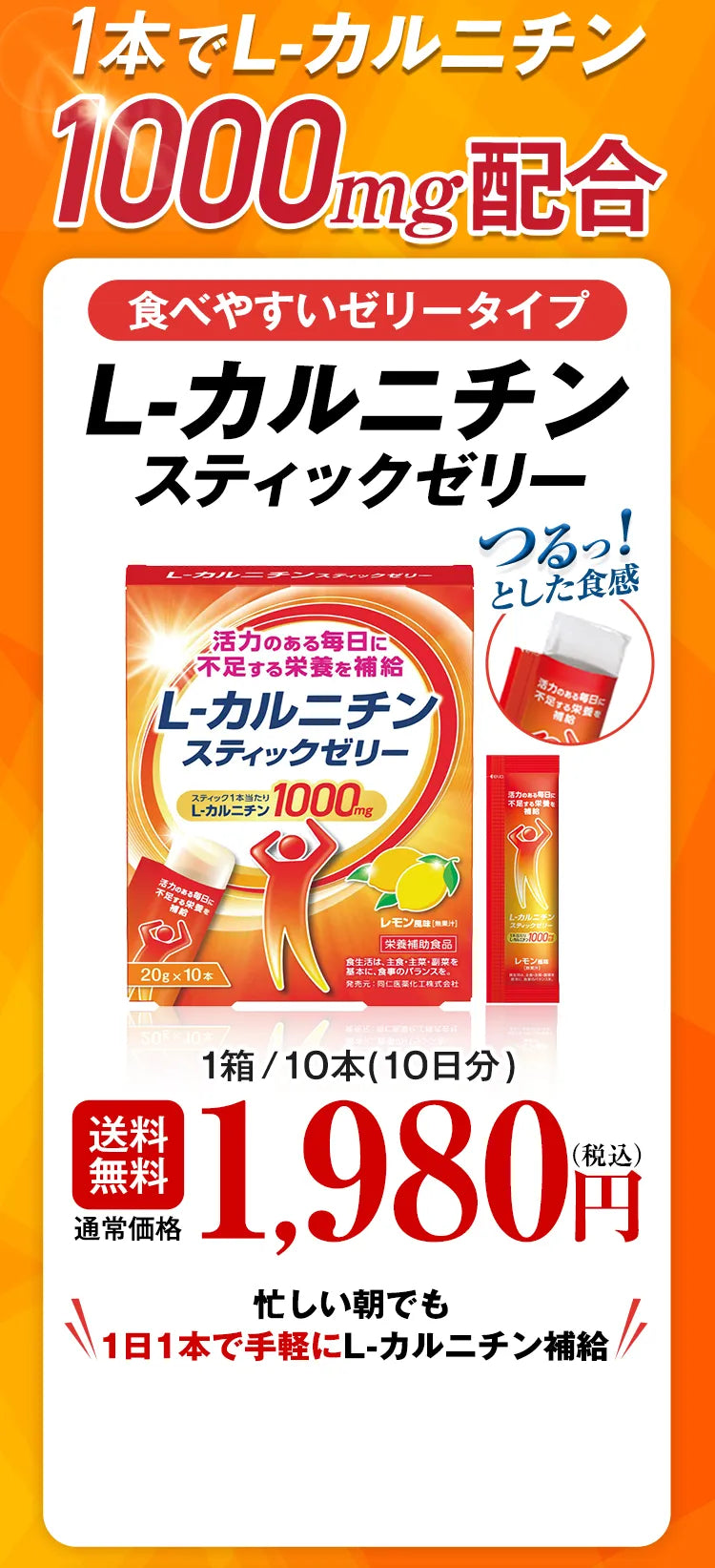 1本でL-カルニチン1000mg配合 食べやすいゼリータイプ L-カルニチンスティックゼリー つるっ！とした食感 送料無料 通常価格 1箱/10本（10日分）1,980円（税込） 忙しい朝でも1日1本で手軽にL-カルニチン補給